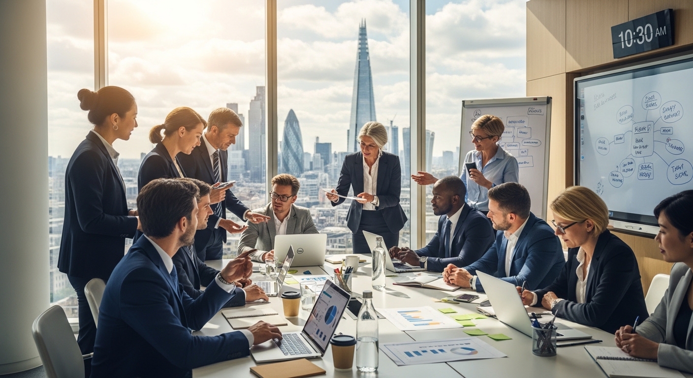 A diverse group of business professionals in a modern, sunlit office building overlooking the London skyline, engaged in a collaborative discussion. The scene should convey innovation and global connectivity, with laptops and whiteboards visible. Photorealistic.