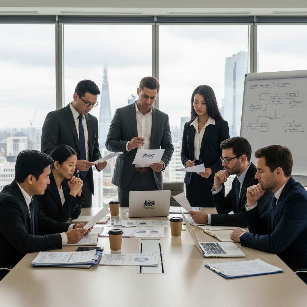 A diverse group of international business professionals in a modern UK office setting, looking thoughtfully at documents and laptops, reflecting the complexity of setting up business operations in a new country. Photorealistic, professional.