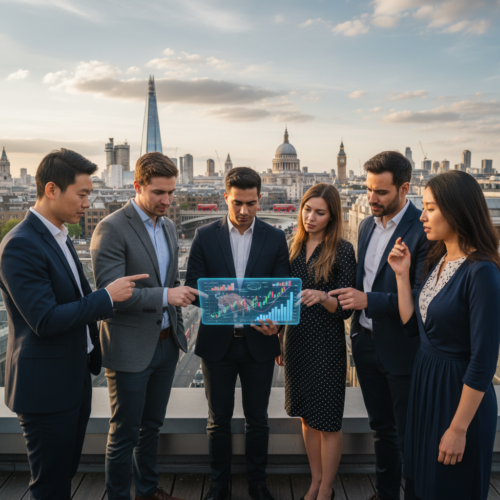 A diverse group of expat entrepreneurs in London looking at a complex financial chart on a digital tablet, surrounded by iconic UK landmarks in the background, conveying strategic financial planning and global business acumen, photorealistic.