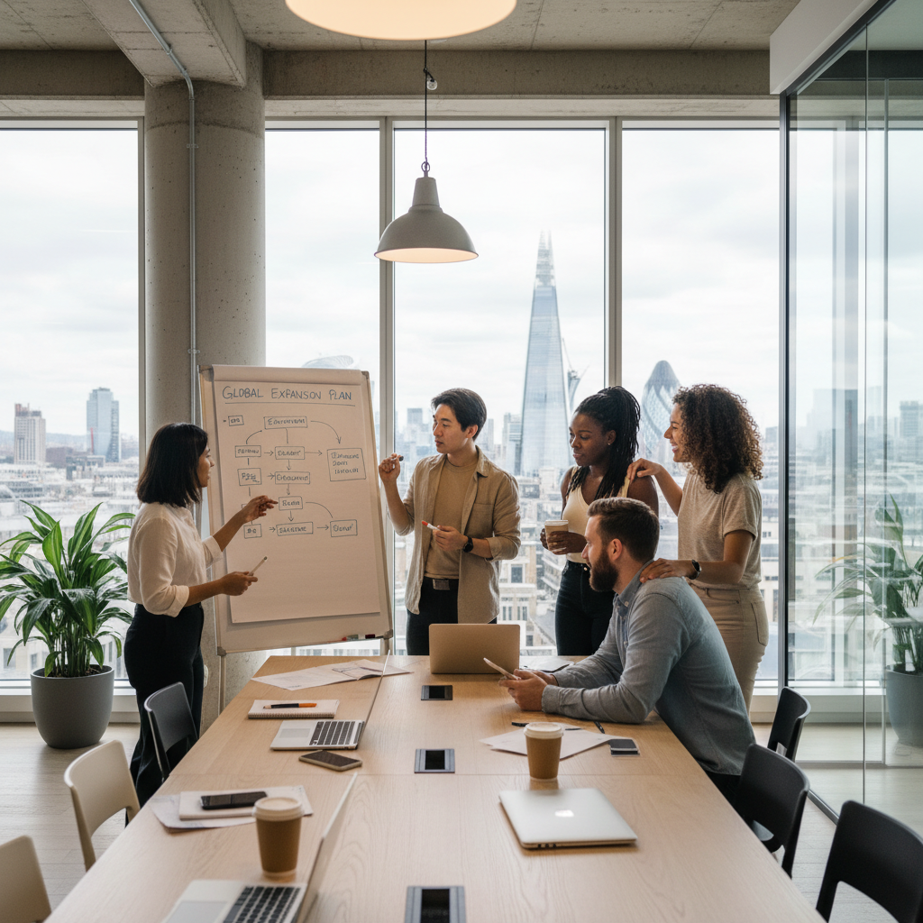 A diverse group of international startup founders in a modern, brightly lit co-working space in London, animatedly discussing a business plan on a whiteboard, with city skyline visible through large windows. Photorealistic.