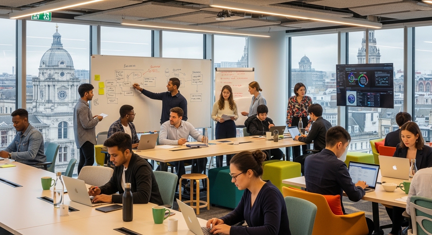 A vibrant, modern co-working space in a UK city with diverse individuals from various ethnic backgrounds collaborating on laptops, whiteboards, and digital screens. The atmosphere is energetic and innovative, symbolizing technology startups and collaboration.