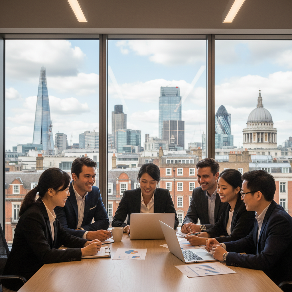 A diverse group of business owners, some appearing to be expats, happily reviewing financial documents on a laptop in a modern, well-lit office. The scene should convey ease and professionalism, with subtle elements of UK architecture or a London skyline visible outside a window, highly detailed and photorealistic.