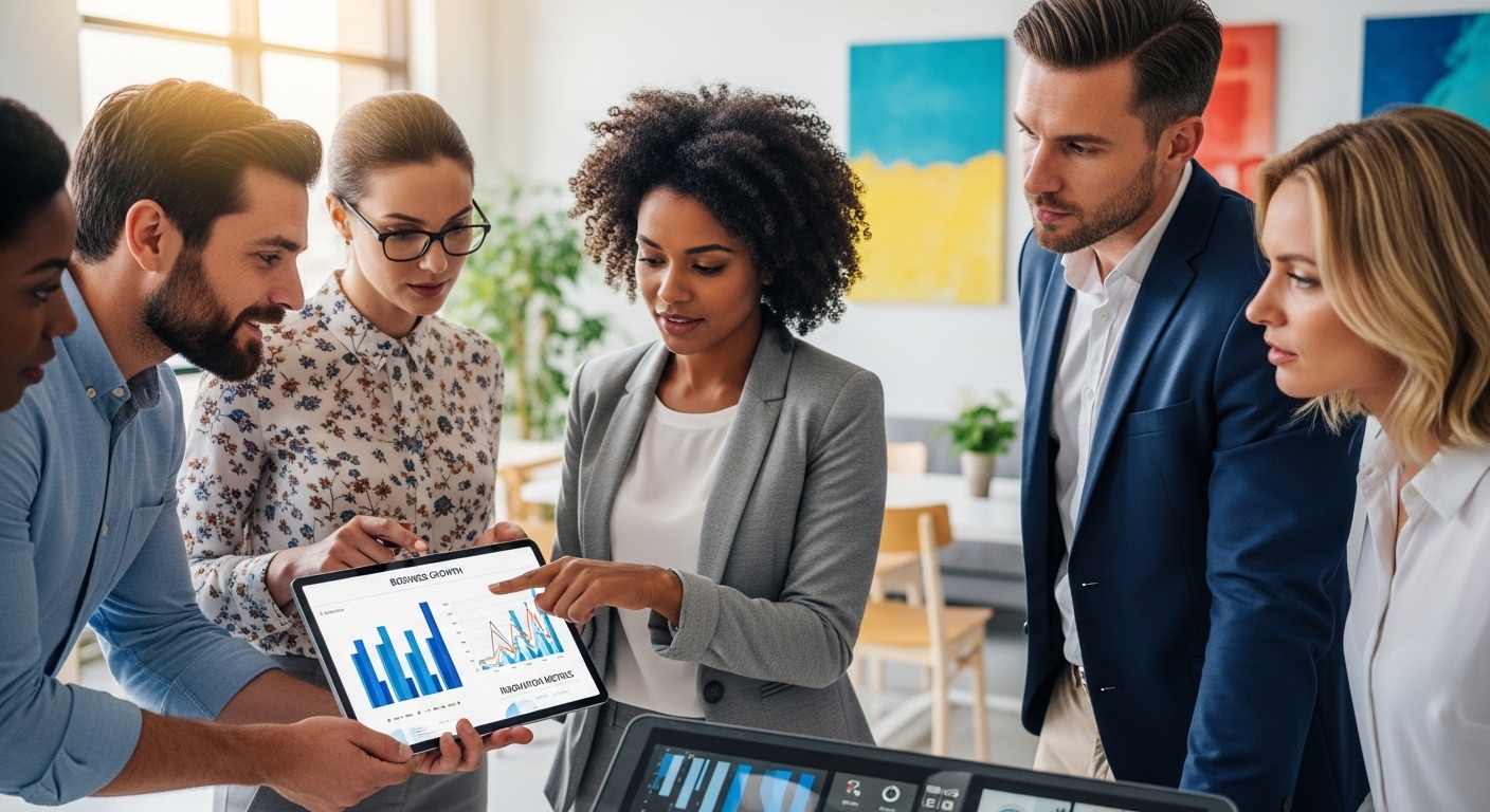 A diverse group of business professionals in a modern, collaborative office setting, looking at a digital tablet with charts and graphs, representing business growth and innovation. Photorealistic.