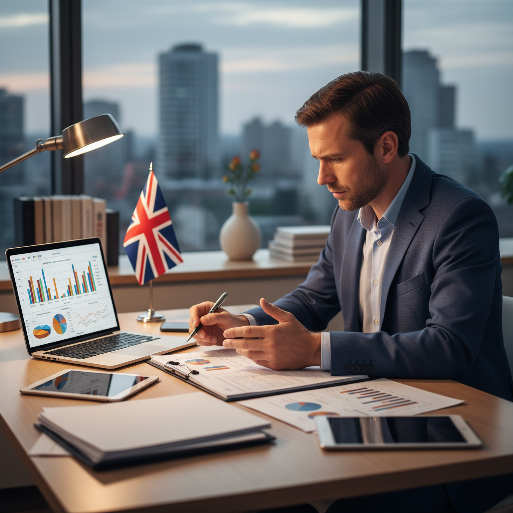 A professional UK expat sitting at a modern desk, surrounded by business documents, a laptop displaying financial data, and a small British flag subtly in the background. The expat is intently reviewing financial statements with a focused expression, representing the detailed planning involved in buying an existing business. Photorealistic, professional lighting.
