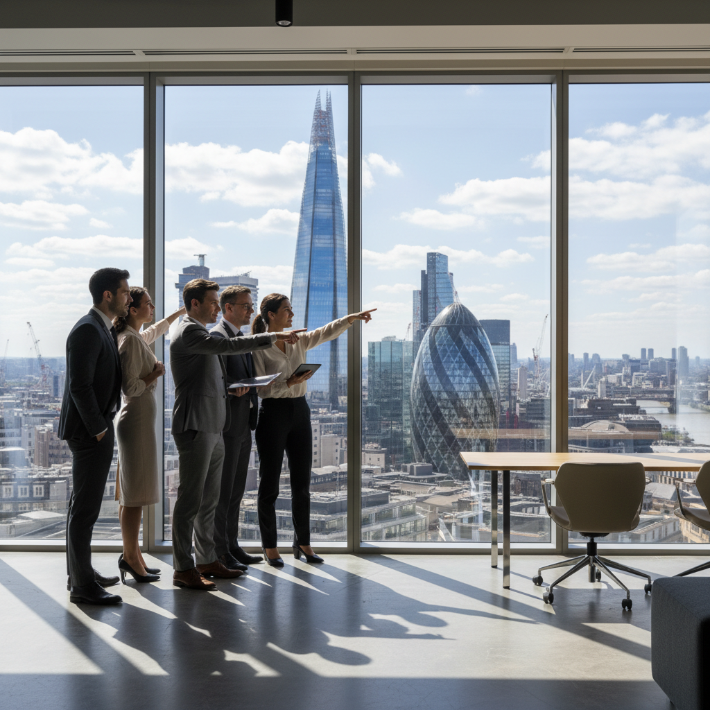A diverse group of business professionals in a modern, sunlit office building in London, looking at a cityscape with iconic landmarks like the Shard and the Gherkin in the background, symbolizing opportunity and global connectivity.