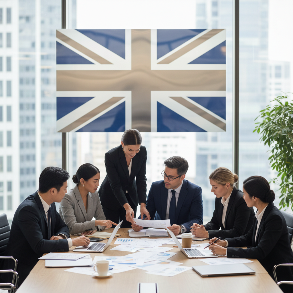A diverse group of business professionals in a modern office setting, looking at documents and discussing business plans, with the UK flag subtly in the background.