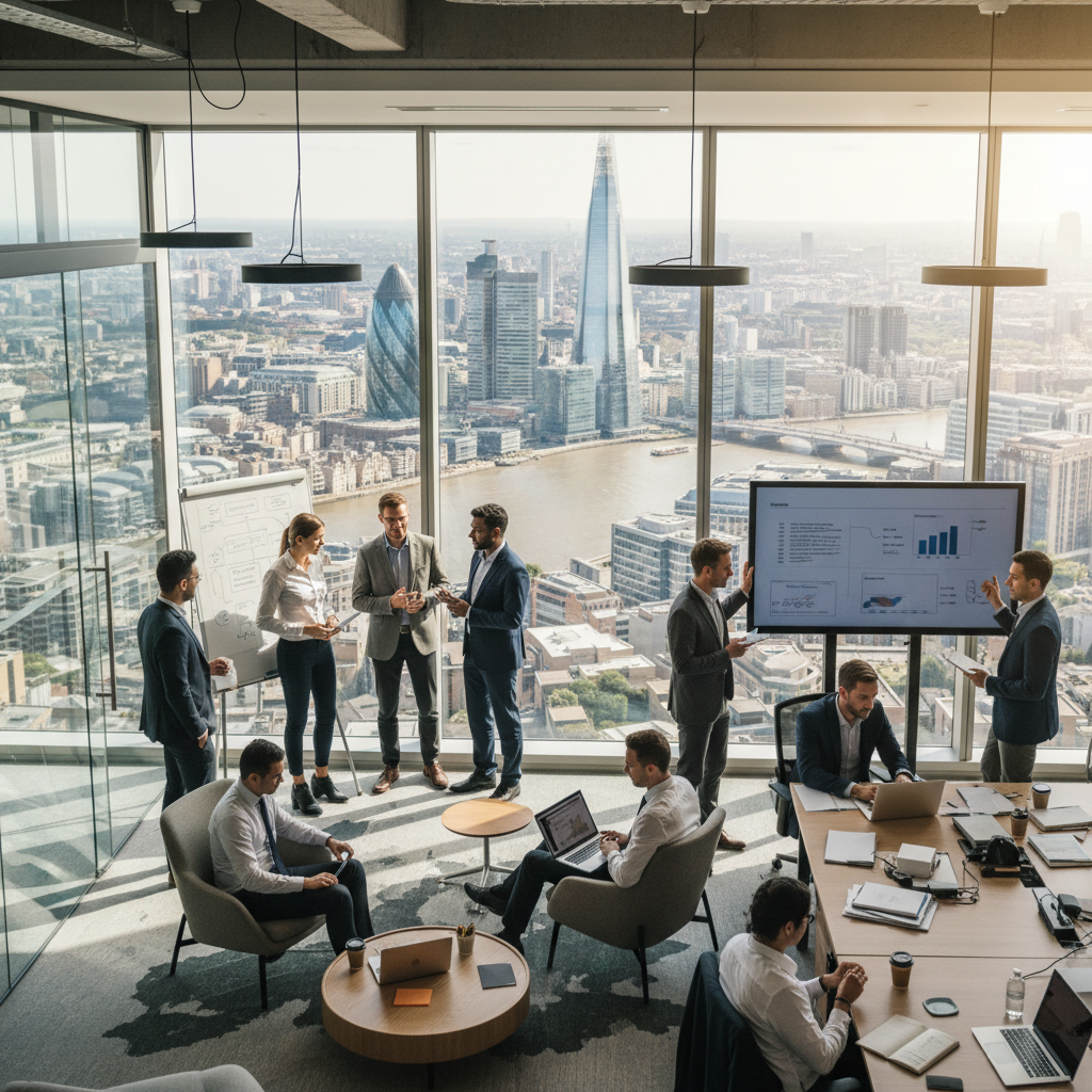 A diverse group of business professionals in a modern, collaborative UK office environment, with a city skyline visible through a large window, suggesting ambition and global connection. The setting is bright and professional, with people engaged in discussions and working on laptops.