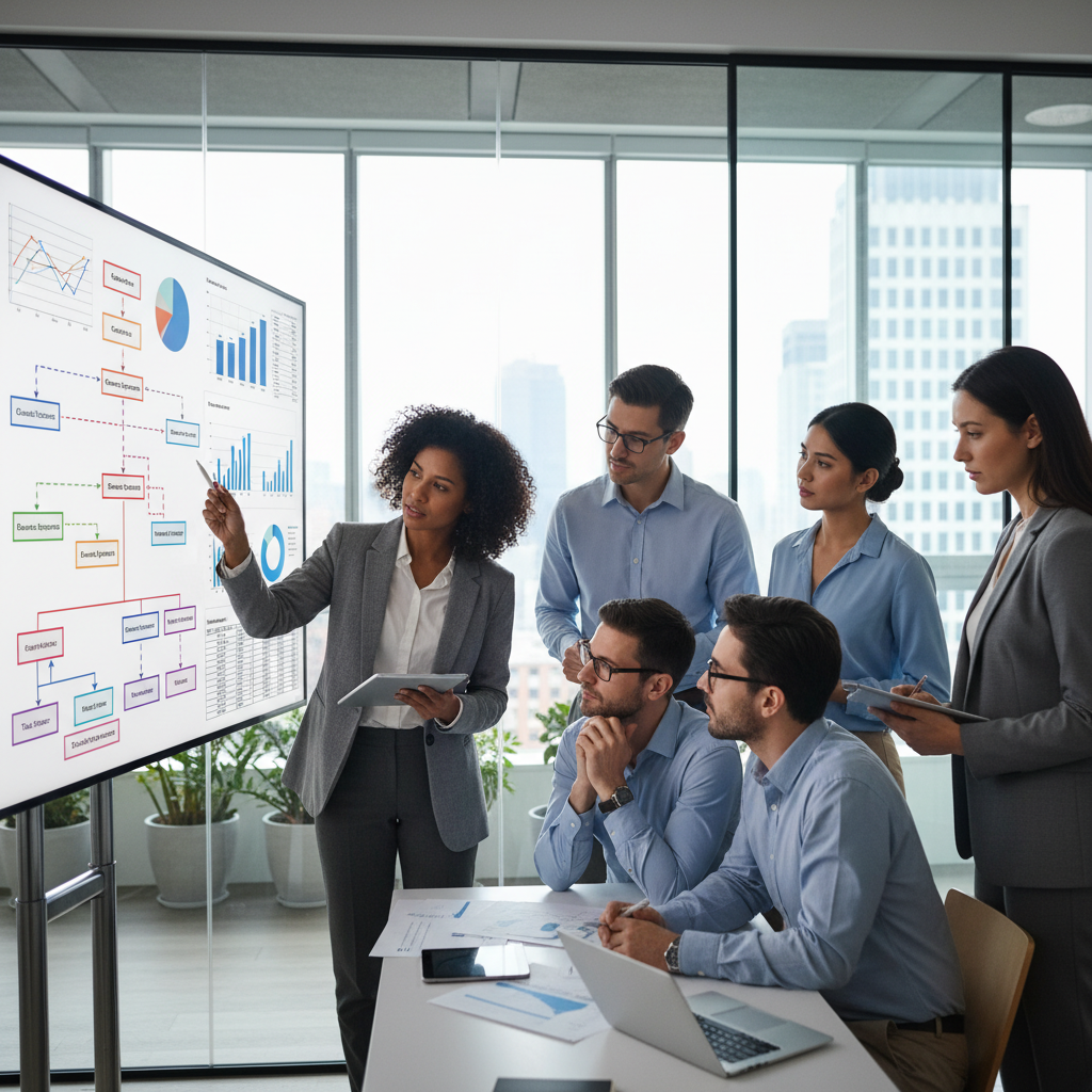 A diverse group of business professionals in a modern office setting, looking at various financial charts and documents on a large screen, with one person pointing to a complex tax flowchart. The scene should be realistic and professional, highlighting collaboration in financial planning.