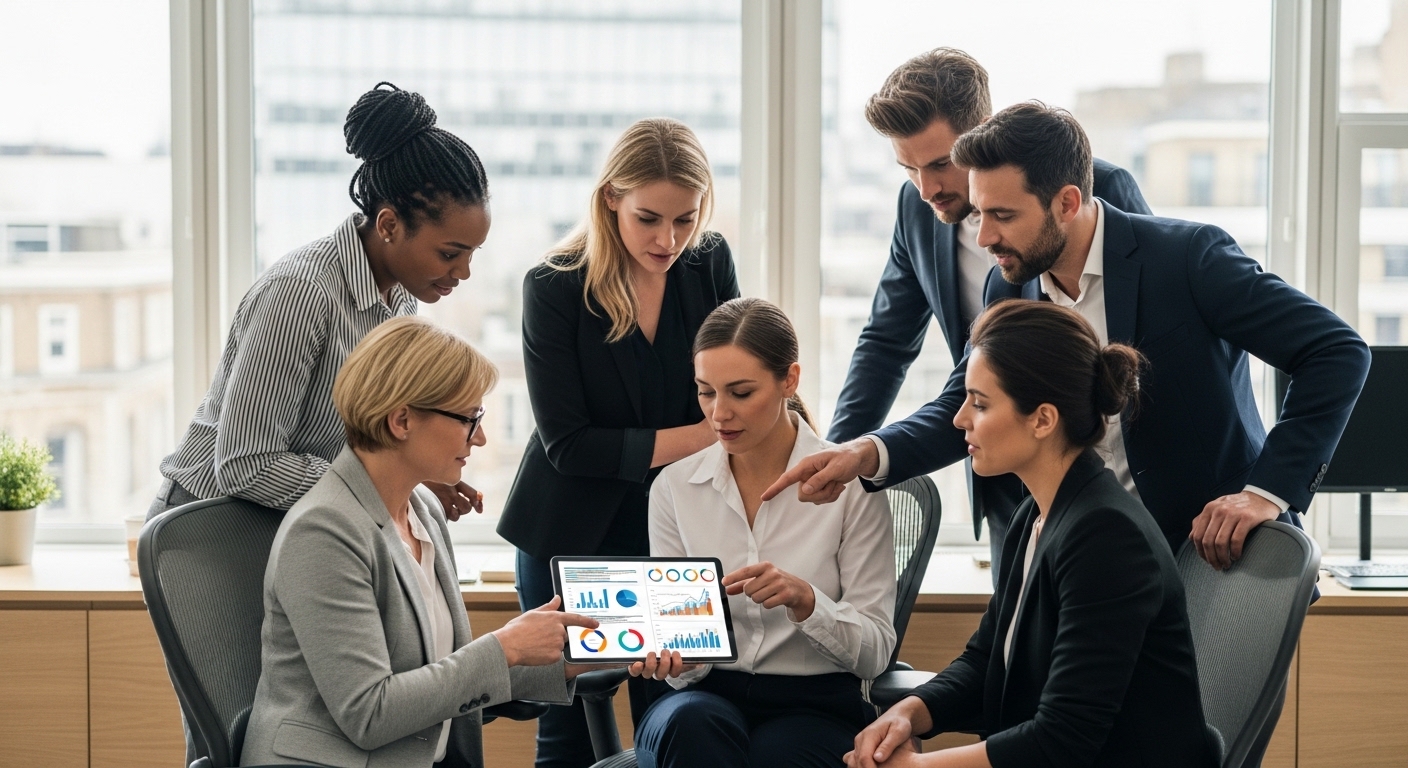 A diverse group of business professionals in a modern, light-filled UK office, looking at a digital tablet with charts and graphs, representing strategic business consulting. Photorealistic, professional setting.