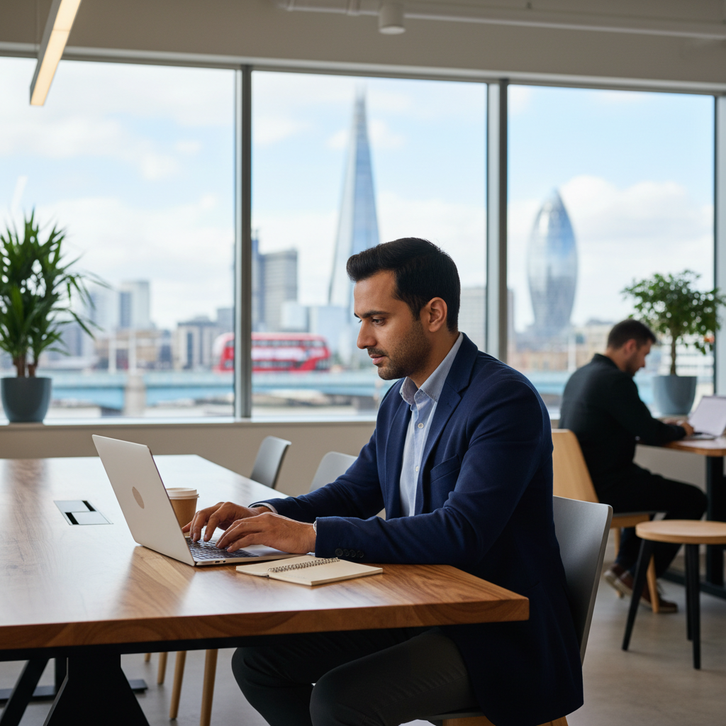 A professional expat entrepreneur, mid-30s, diverse background, working diligently on a laptop in a modern, brightly lit co-working space in London, with iconic UK landmarks subtly blurred in the background, conveying a sense of global business and connectivity. Photorealistic, high detail.