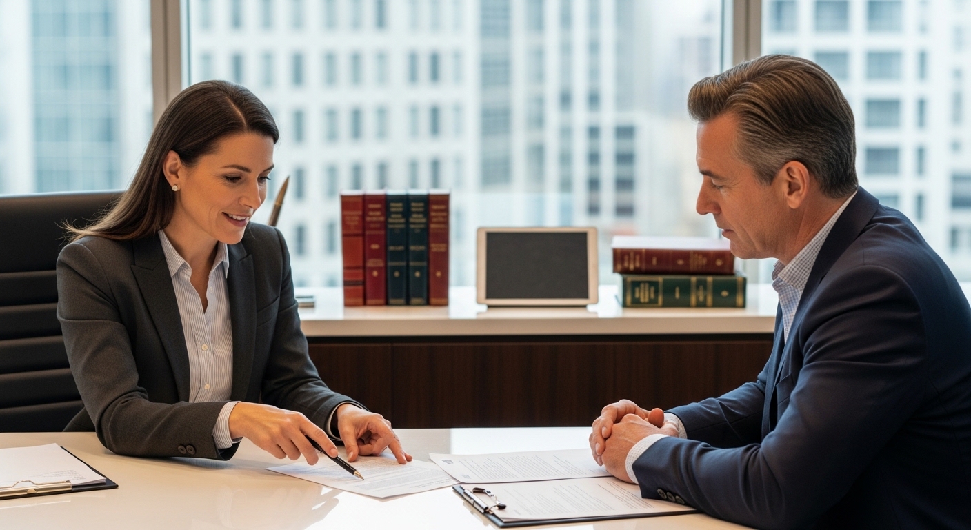 A professional legal advisor in a modern office is explaining a complex document to an international client, both seated at a large conference table. The scene should convey trust and clarity, with legal books or digital tablets in the background. Photorealistic.