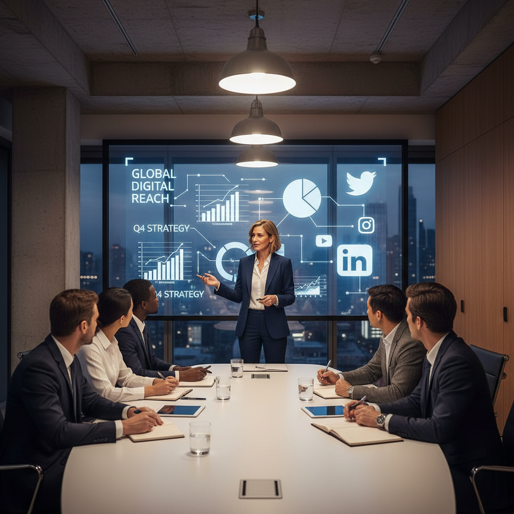 A professional expat businesswoman presenting a digital marketing strategy on a large screen in a modern meeting room, showing charts and social media icons, with a diverse team listening attentively, highly detailed and photorealistic