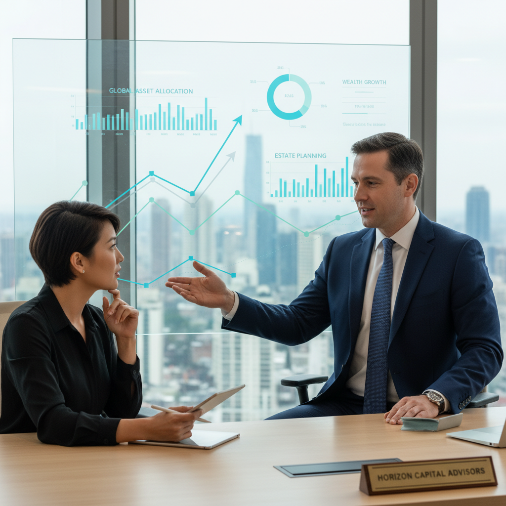 A professional financial advisor in a modern, light-filled office, explaining complex wealth management strategies to an attentive expat entrepreneur client, with charts and graphs on a large screen in the background, conveying trust and expertise, photorealistic.