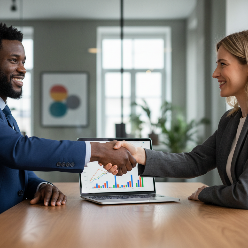 A professional handshake between a diverse male founder and a female venture capitalist across a modern office table, with a financial chart displayed on a laptop in the background. Photorealistic, focus on hands and expressions.