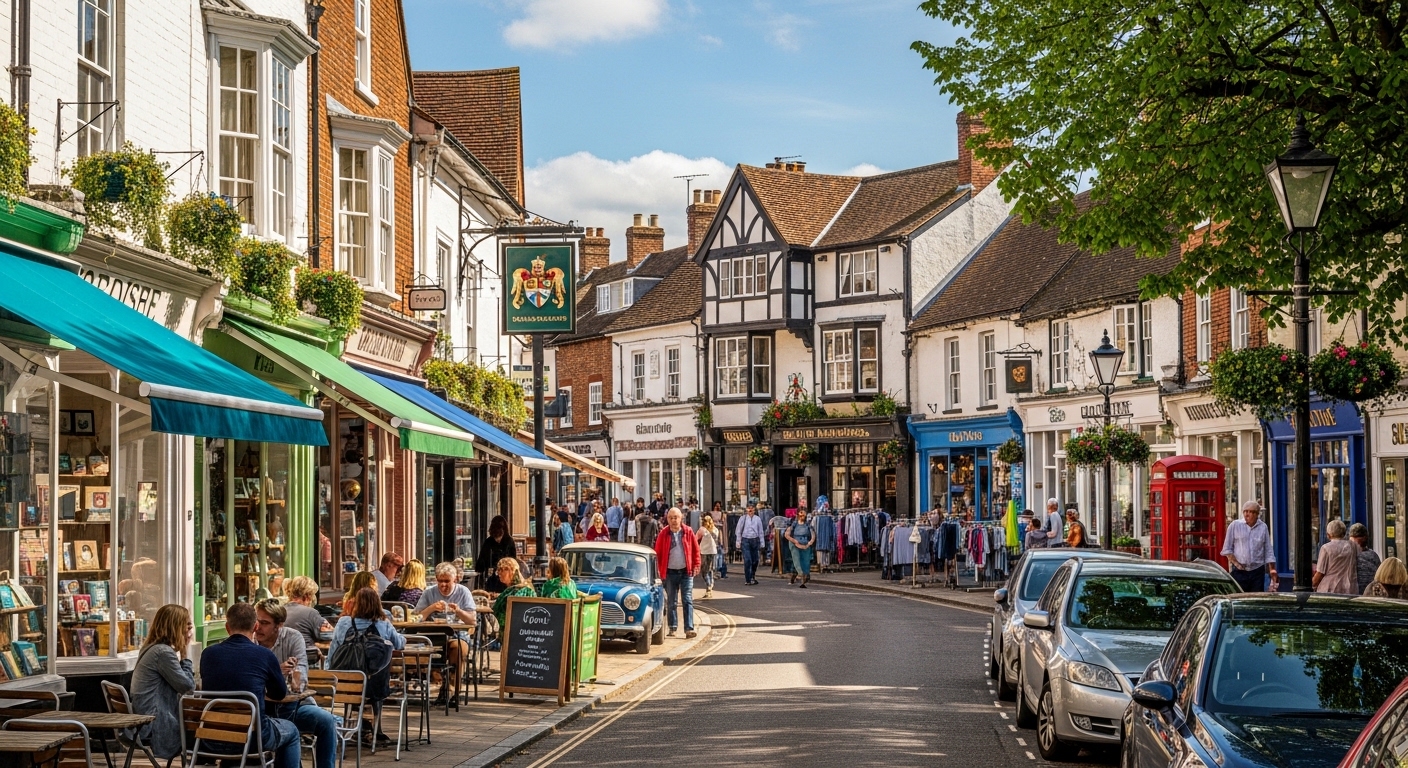 A picturesque high street in a charming British town during a sunny day. The street is bustling with pedestrians, and features quaint independent shops, inviting cafes with outdoor seating, and a historic pub, reflecting a thriving local hospitality and retail sector.