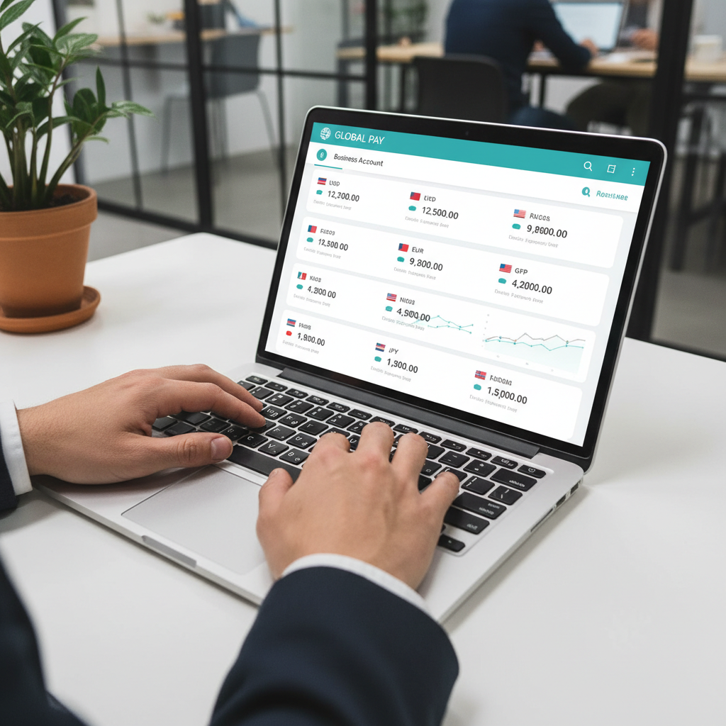 A close-up, high-angle shot of an expat entrepreneur's hands typing on a laptop keyboard, with a modern mobile banking app interface showing a multi-currency business account dashboard on the screen. The background is slightly blurred but suggests a contemporary office or coworking space. Photorealistic with soft lighting.