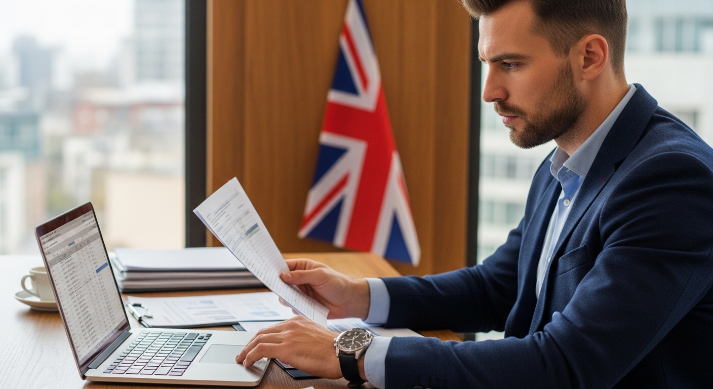 A focused expat entrepreneur sitting at a desk, reviewing business documents and a laptop, with a UK flag subtly visible in the background, symbolizing successful business operations. Photorealistic.