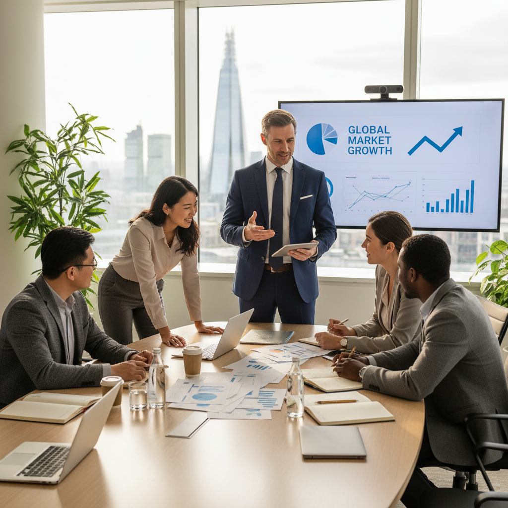 A diverse team of employees, including one person who appears to be an expat business owner, collaboratively discussing strategies in a modern, well-lit UK office. They are gathered around a table with laptops and documents, actively engaged in conversation, conveying a sense of teamwork and successful business operation. Photorealistic, vibrant and positive atmosphere.