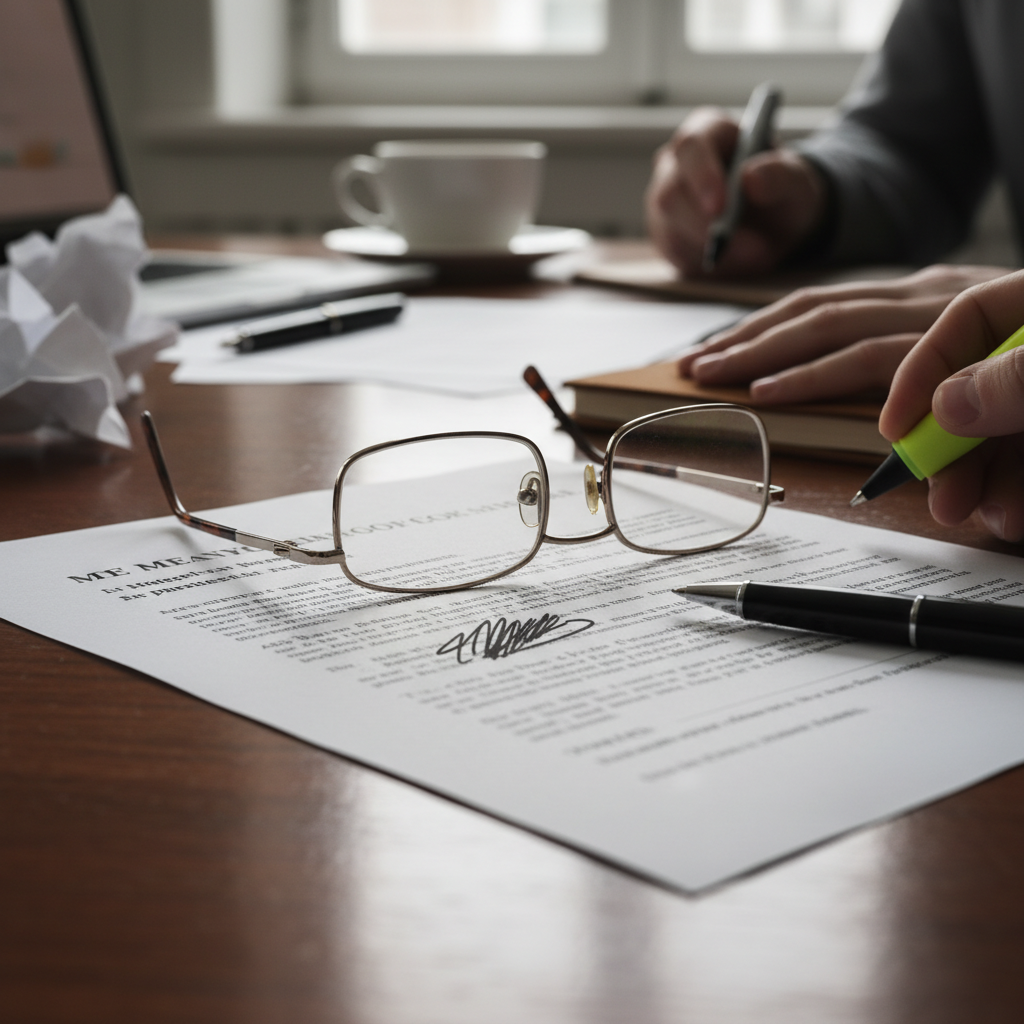 A close-up shot of a legal document or contract being reviewed on a table, with a pen and a pair of reading glasses, signifying careful legal scrutiny.
