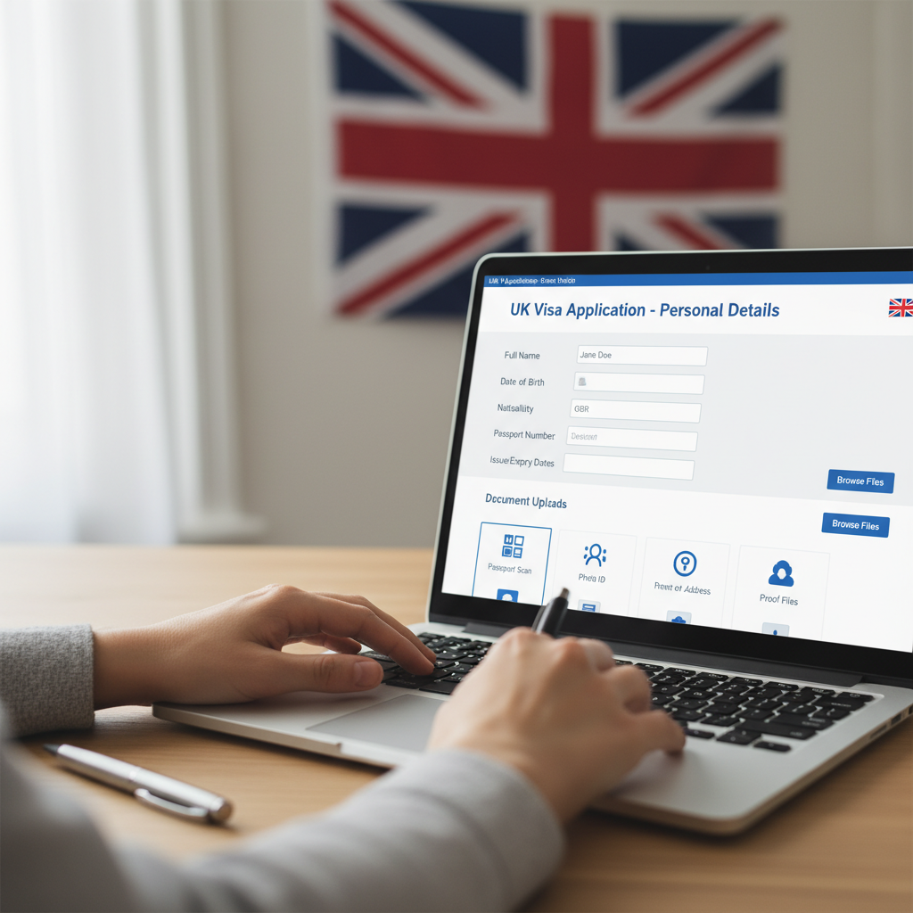A detailed close-up shot of a person's hands filling out an online visa application form on a laptop, with a UK flag subtly blurred in the background, emphasizing the digital application process. The screen shows fields for personal details and document uploads, with a pen resting nearby.