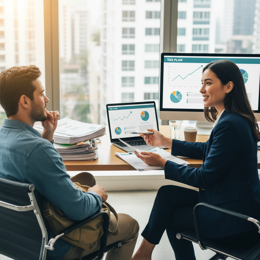 A professional tax advisor in a modern, well-lit office, explaining complex tax documents to an expat client who is nodding in understanding. There are graphs and a laptop on the table, showing a clear, simplified financial plan. The mood is reassuring and competent.