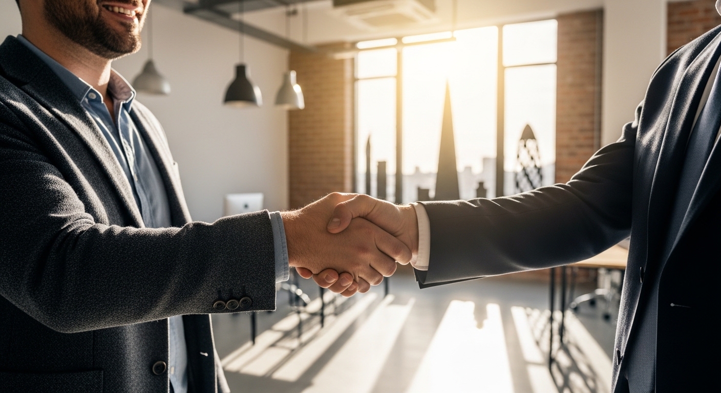A handshake between an expat entrepreneur and a professional business consultant in a contemporary London office, symbolizing trust and successful partnership. Sunlight streaming through a large window, photorealistic.