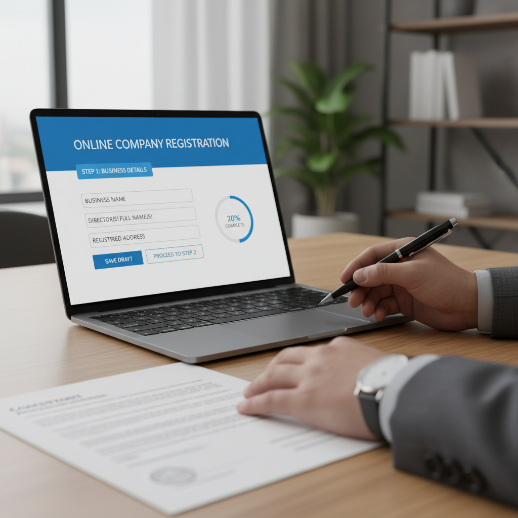 A close-up shot of a modern laptop screen displaying a user-friendly interface for online company registration, with fields for business name, director details, and registered address. A hand with a pen hovers over a legal document, implying attention to detail in the digital setup process. Professional, clean, and illustrative of digital administration. Photorealistic.